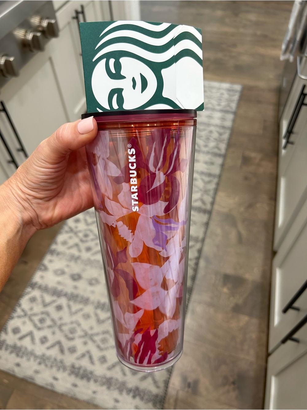Starbucks Maroon Lid Pink Orange Floral Travel Cup-Brand new🩷with$5 gc